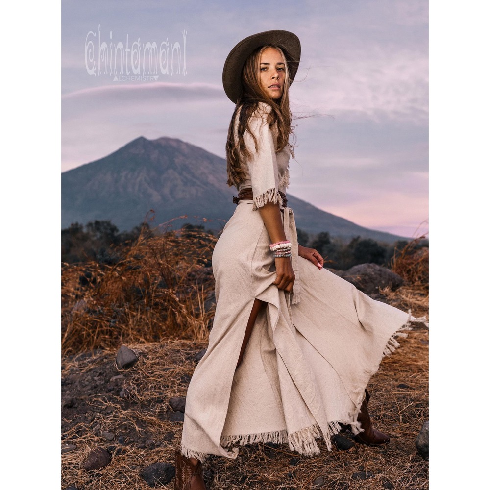 Chintamani Alchemistry Raw Cotton Boho Wrap Maxi Dress White Fringe Wedding - Picture 2 of 6